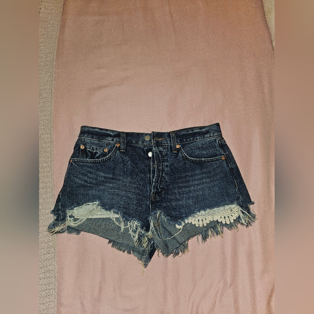 We The Free Dark Blue Distressed Denim Shorts With Lace Accent